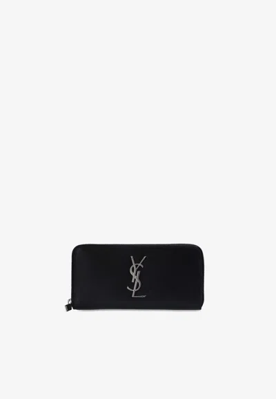 Saint Laurent Cassandre Leather Zip-around Wallet In Black