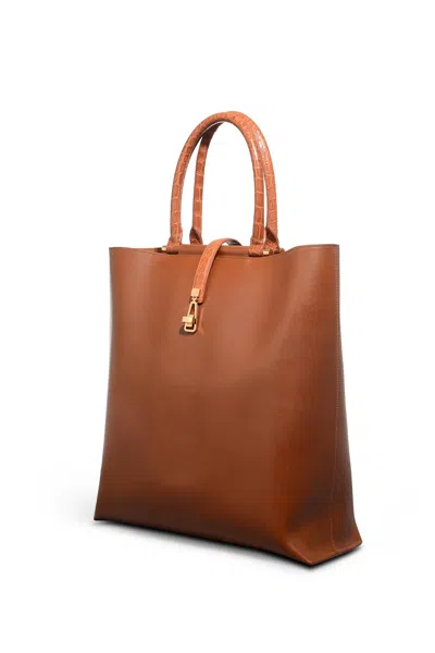 Gabriela Hearst Vevers Tote Bag In Cognac Leather With Crocodile Leather Handle