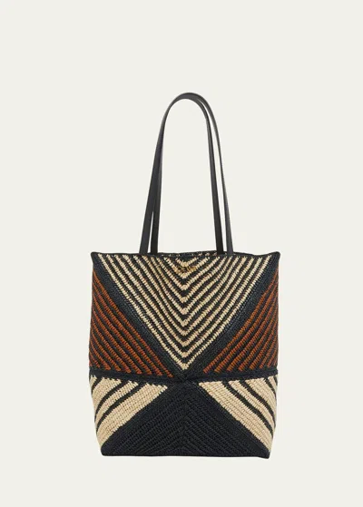 Loewe X Paula's Ibiza Medium Puzzle Fold Tote Bag In Striped Raffia With Leather Handles In Natural/honey Gol