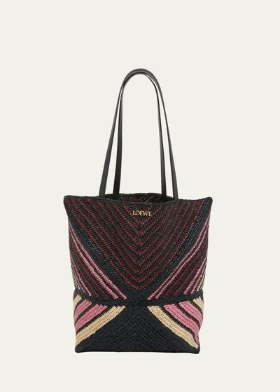 Loewe X Paula's Ibiza Medium Puzzle Fold Tote Bag In Striped Raffia With Leather Handles In Pink/burgundy
