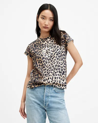Allsaints Womens Leopard Brown Tiepo Anna Leopard Print Organic-cotton T-shirt
