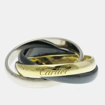 Pre-owned Cartier 18k Yellow Gold White Gold And Ceramic Trinity Band Ring Eu 52