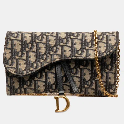 Pre-owned Dior Oblique Saddle Wallet On Chain In Blue