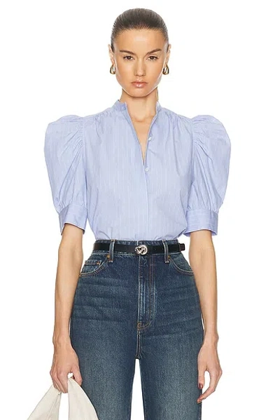 Frame Pinstripe Ruched Puff-sleeve Shirt In Chambray Blue