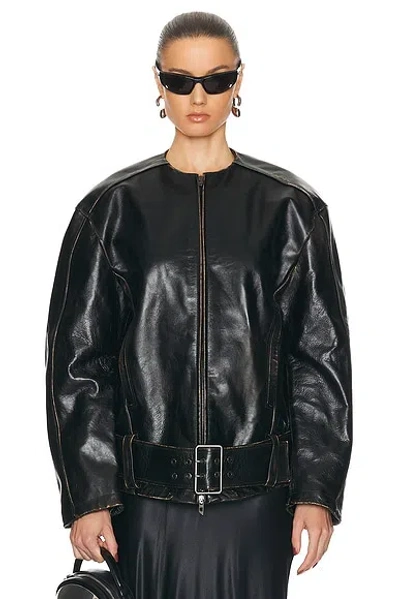 Diesel L-margy Collarless Leather Jacket In Deep & Black