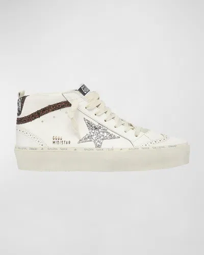 Golden Goose Mid Star Glitter Wing-tip Sneakers In White/silver/bro
