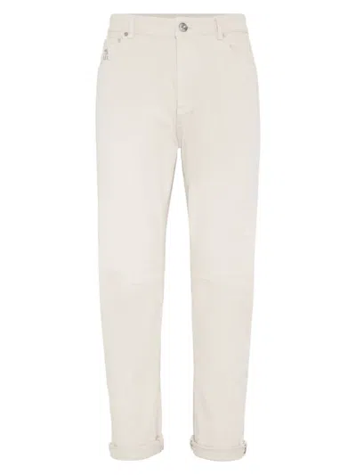 Brunello Cucinelli Garment-dyed Traditional Fit Five-pocket Trousers In Slubbed Cotton Denim In Snow