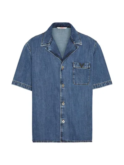 Valentino Denim Bowling Shirt With Metallic V-detail In Blue