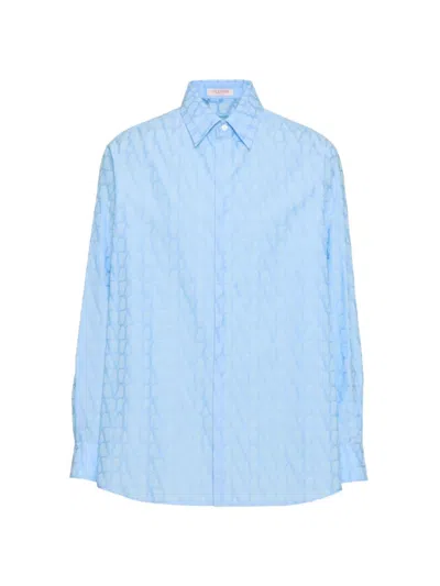 Valentino Cotton Poplin Shirt With Toile Iconographe Pattern In Sky Blue