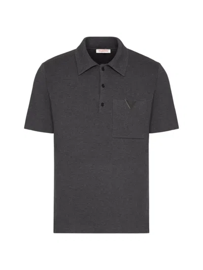 Valentino Stretch Cotton Polo Shirt With Metallic V Detail In Grey
