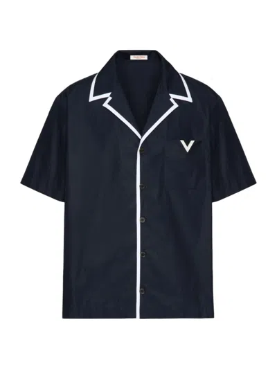 Valentino Cotton Poplin Bowling Shirt With Rubberised V Detail In Navy