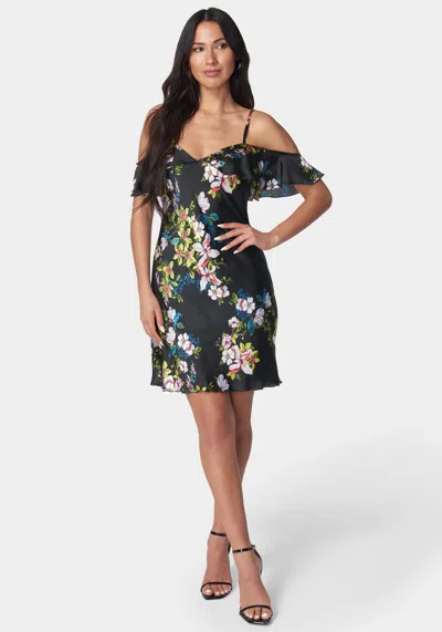 Bebe Printed Bubble Satin Mini Dress In Black,multi