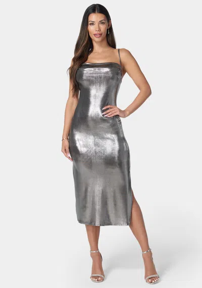 Bebe Foil Slinky Slim Maxi Dress In Silver