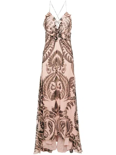 Etro Long Silk Dress With Graphic Print In Rosa E Nero