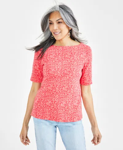 Style & Co Women's Printed Boat-neck Elbow-sleeve Top, Regular & Petite, Created For Macy's In Coral Floral