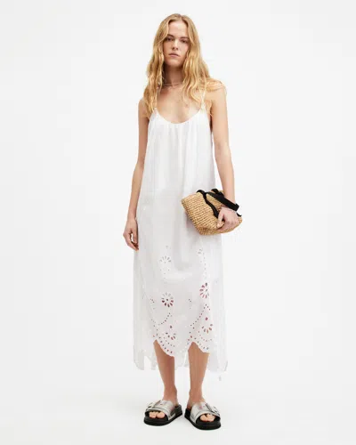 Allsaints Areena Embroidered Adjustable Maxi Dress In Optic White