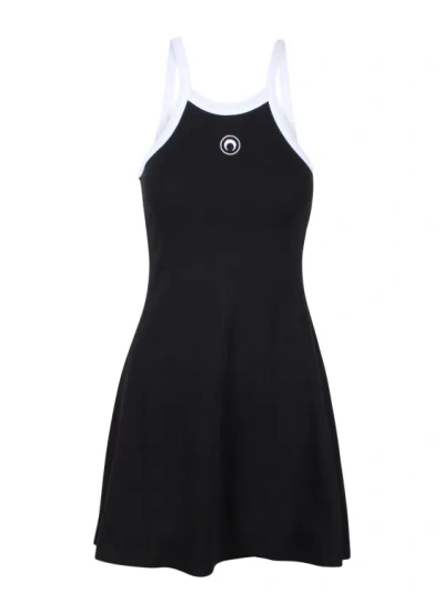 Marine Serre Organic Cotton Rib 2x2 Flared Dress In Black