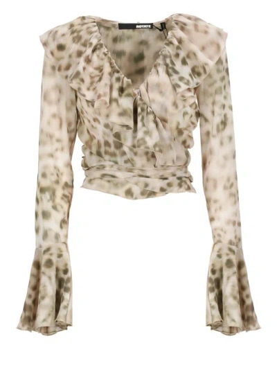 Rotate Birger Christensen Leopard Print Chiffon Shirt With Ruffles In Neutrals