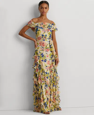 Lauren Ralph Lauren Floral Georgette Off-the-shoulder Gown In Cream/blue Multi