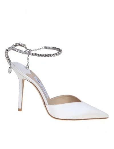 Jimmy Choo Slingback Saeda 100 In Satin With Applied Crystals In Blanco