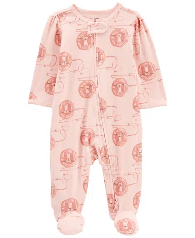 Carter's Baby Girls Lion Zip Up Cotton Blend Sleep And Play In Pink Lion