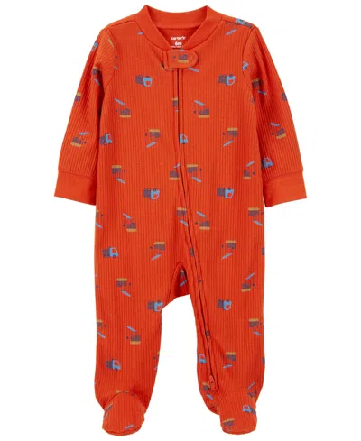 Carter's Baby Boys Construction Zip Up Cotton Blend Sleep And Play In Red Construction