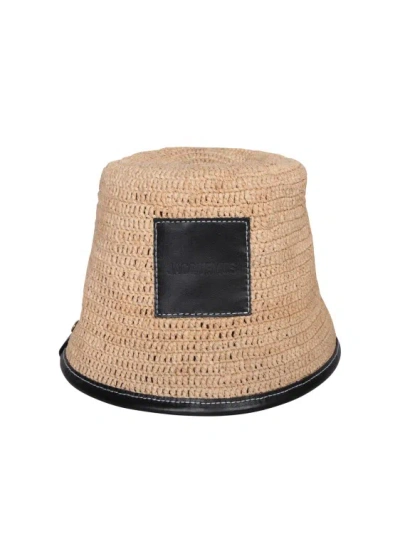 Jacquemus Le Bob Soli Leather-trimmed Raffia Bucket Hat In Neutrals