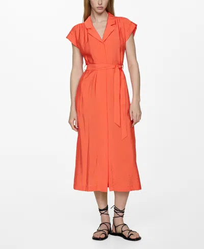 Mango Shirt Dress With Bow Texture Coral Red In Corail