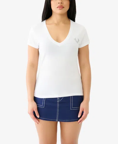 True Religion Women's Short Sleeve Crystal Buddha Slim V-neck T-shirt In White