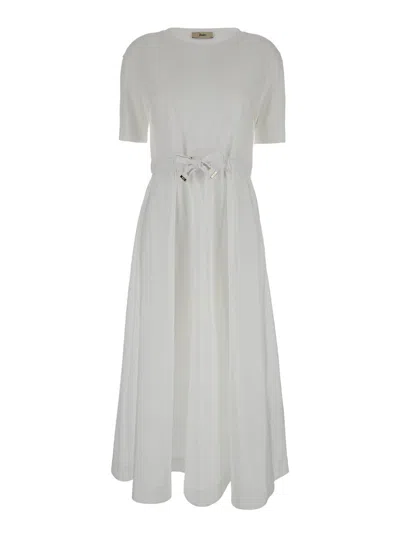 Herno Long White Dress With Branded Drawstring In Cotton Blend Woman