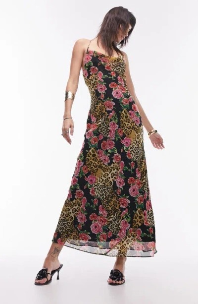 Topshop Cami Slip Midi Dress In Leopard And Rose Print-multi