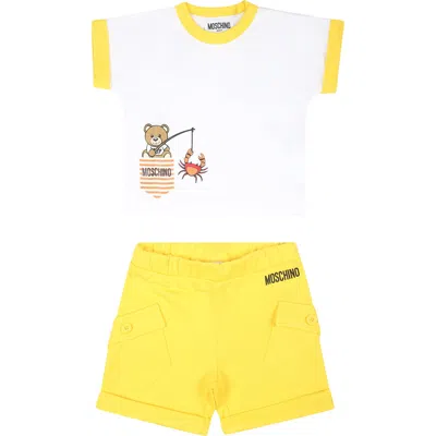 Moschino Yellow Suit For Baby Boy With Teddy Bear In White