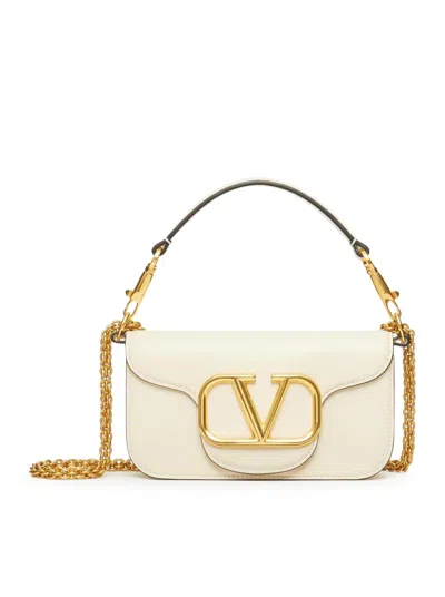 Valentino Garavani Small Shoulder Bag Loco` Vitello/antique Brass Logo In Light Ivory