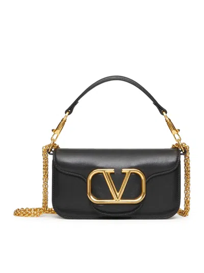 Valentino Garavani Small Shoulder Bag Loco` Vitello/antique Brass Logo In Black