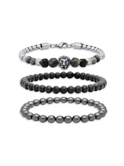 Anthony Jacobs Men's 3-piece Stainless Steel, Agate & Hematite Beaded Stretch Bracelet In Neutral