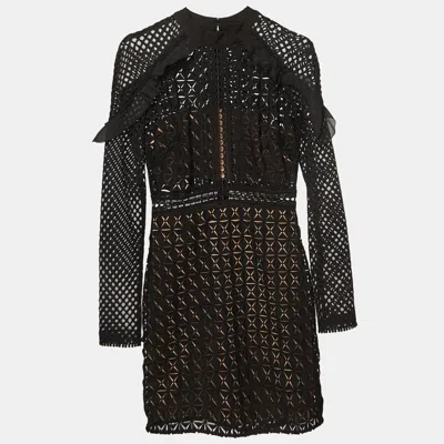 Pre-owned Self-portrait Black Geometric Pattern Lace Ruffled Mini Dress S