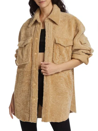 Helmut Lang Oversized Sheep Shearling Shirt Jacket In Camel