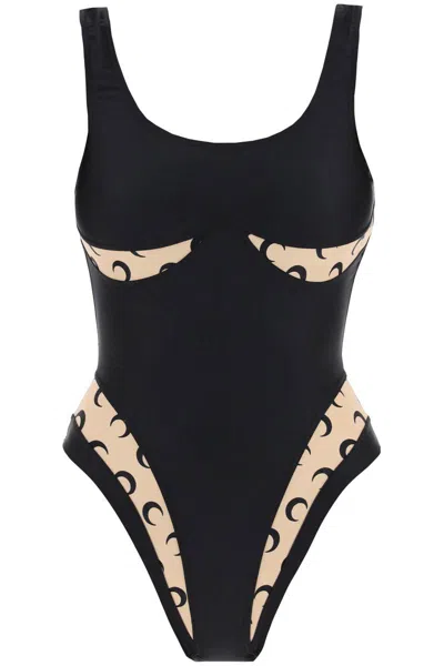 Marine Serre One-piece Swimsuit With All Over Moon Inserts In Black
