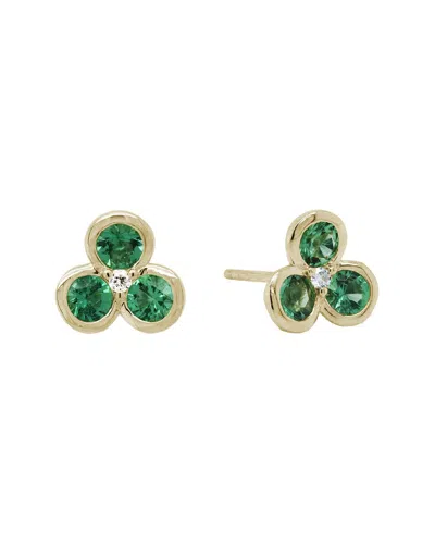 Gemstones 14k 0.92 Ct. Tw. Diamond & Emerald Flower Studs In Green