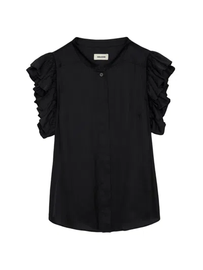 Zadig & Voltaire Tiza Ruffle Satin Button-up Blouse In Noir