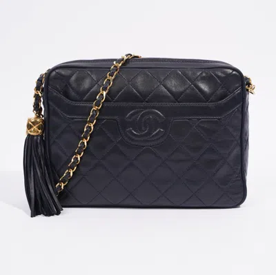 Pre-owned Chanel Camera Tassel Navy Lambskin Leather In Gold