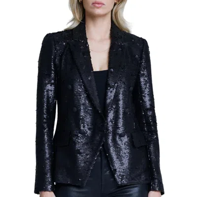 L Agence Kenzie Double Breasted Blazer In Matte Black Sequin In Blue
