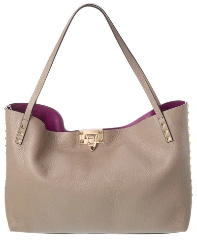 Valentino Garavani Valentino Rockstud Alcove Medium Grainy Leather Tote In Grey