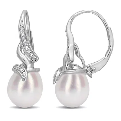 Mimi & Max 9-9.5mm White Cultured Freshwater Pearl And Diamond Twist Earrings In Sterling Silver In Metallic