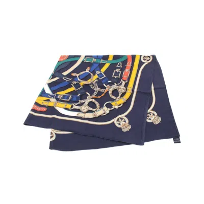 Pre-owned Hermes Carréjean Carres 140 Cavalcadour Scarf Shawl Cashmere Silk Navy Multicolor In Blue