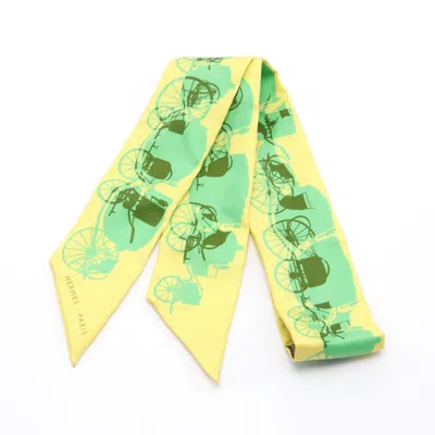 Pre-owned Hermes Twilly Ribbon Scarf Carriage Pattern Silk Light Multicolor In Green