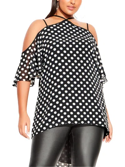 City Chic Plus Gabrielle Womens Strappy Polka Dot Blouse In Multi