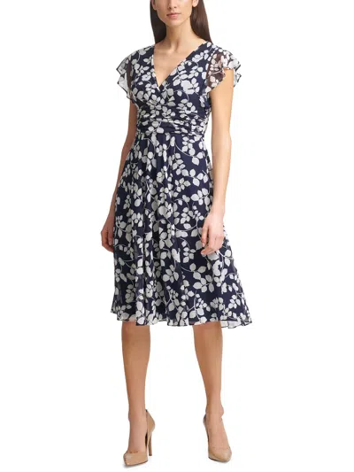 Jessica Howard Petites Womens Cocktail Midi Fit & Flare Dress In Blue