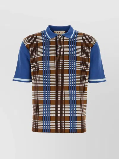 Marni Contrast Sleeve Plaid Cotton Polo Sweater In Checked