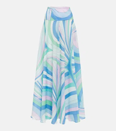 Pucci Printed Cotton Muslin Maxi Skirt In Baby Blue